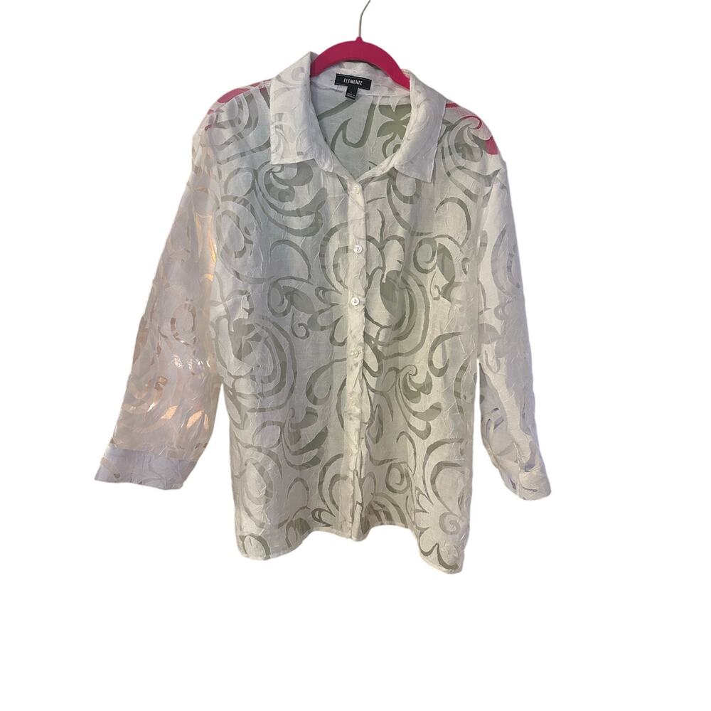 Elementz Top Button Up Lightweight Sheer Blouse Women's Size Large Floral Linen